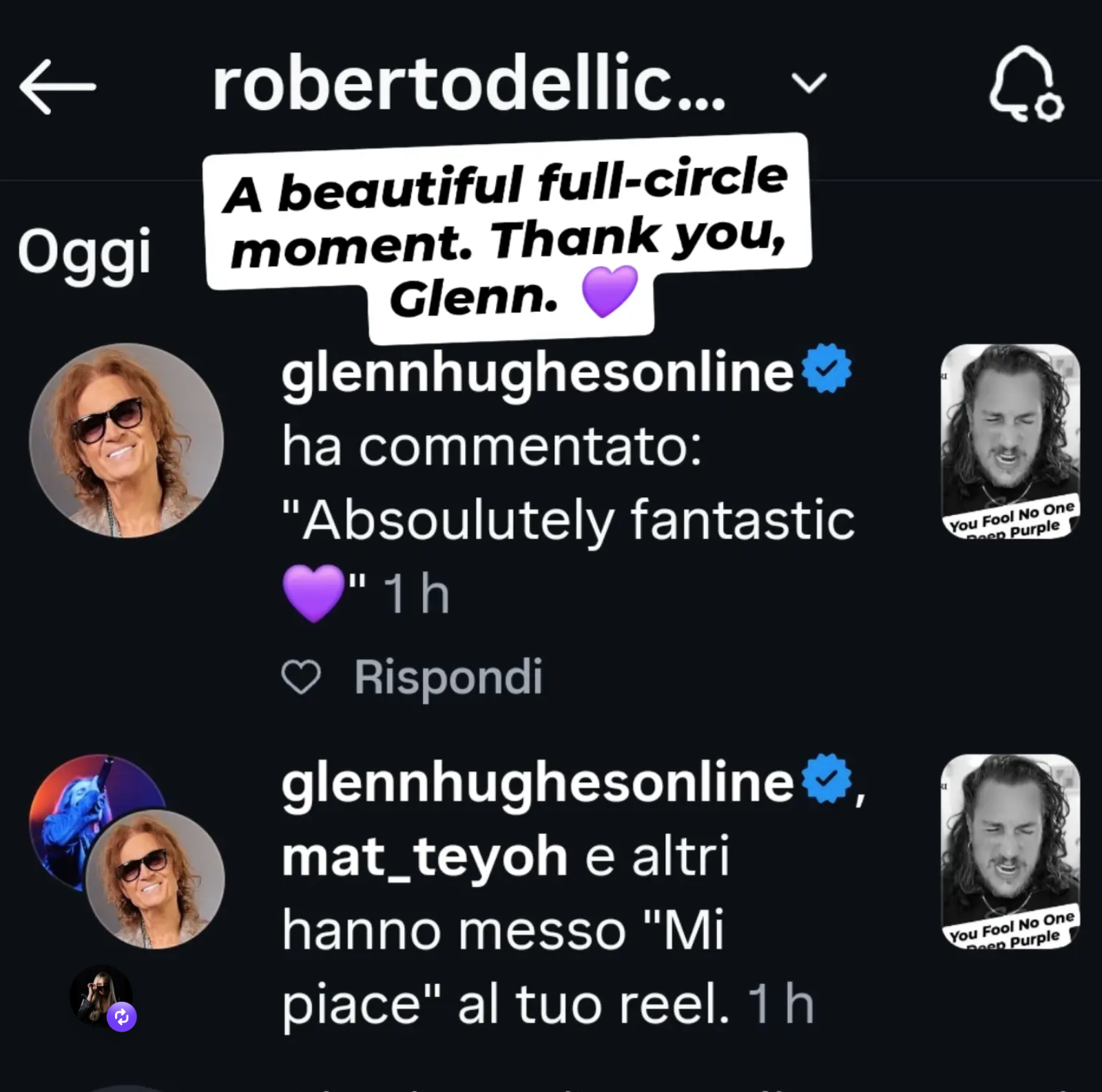 Glenn Hughes commento Instagram a Roberto Delli Carri